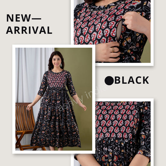 Hima Premium Cotton Anarkali Feeding & Maternity Kurti – 48 Inch Length, 2 Side Zips All-Day Comfort for Moms (Black)