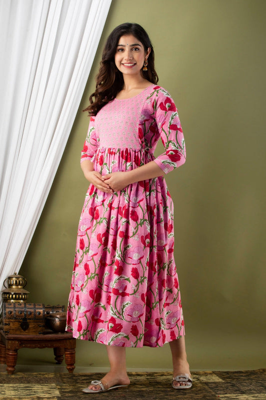 Hima Premium Cotton Anarkali Feeding & Maternity Kurti – 48 Inch Length, 2 Side Zips All-Day Comfort for Moms (Pink)