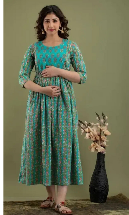 Hima Premium Cotton Anarkali Feeding & Maternity Kurti – 48 Inch Length, 2 Side Zips All-Day Comfort for Moms (Green)