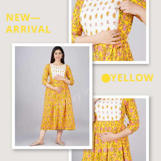 Hima Premium Cotton Anarkali Feeding & Maternity Kurti – 48 Inch Length, 2 Side Zips All-Day Comfort for Moms (Yellow-White)