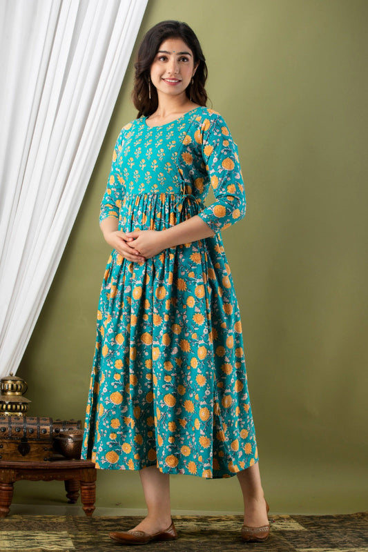 Hima Premium Cotton Anarkali Feeding & Maternity Kurti – 48 Inch Length, 2 Side Zips All-Day Comfort for Moms (Blue)