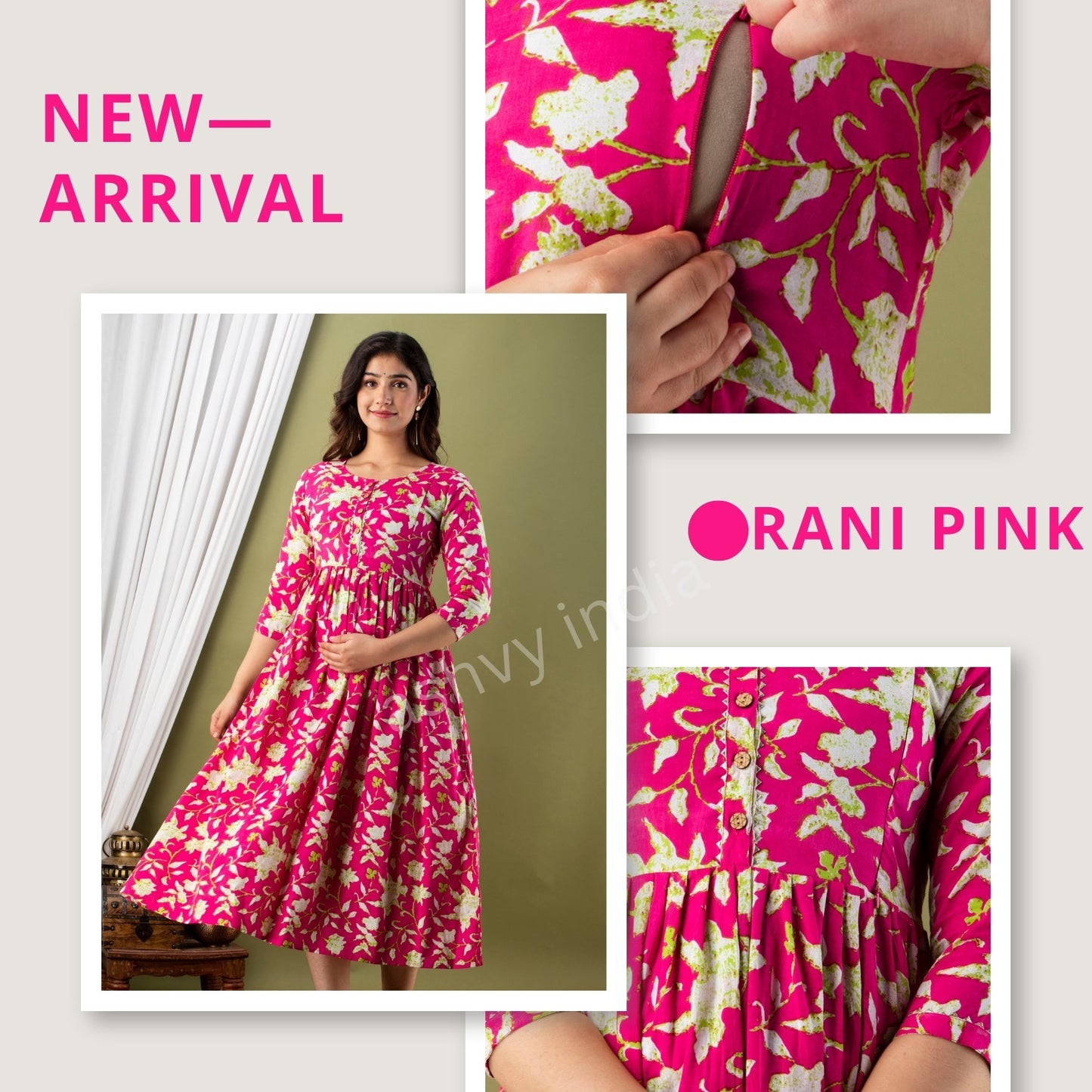 Hima Premium Cotton Anarkali Feeding & Maternity Kurti – 48 Inch Length, 2 Side Zips All-Day Comfort for Moms (Pink)