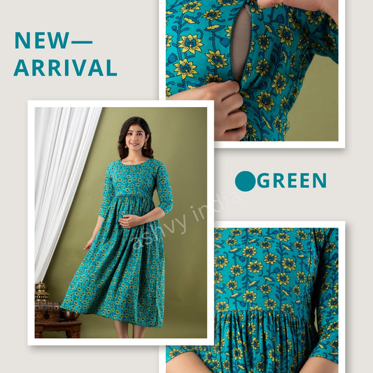 Hima Premium Cotton Anarkali Feeding & Maternity Kurti – 48 Inch Length, 2 Side Zips All-Day Comfort for Moms (Light Blue)