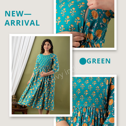 Hima Premium Cotton Anarkali Feeding & Maternity Kurti – 48 Inch Length, 2 Side Zips All-Day Comfort for Moms (Blue)