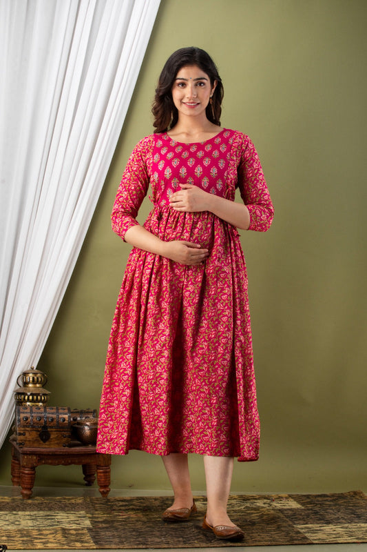 Hima Premium Cotton Anarkali Feeding & Maternity Kurti – 48 Inch Length, 2 Side Zips All-Day Comfort for Moms Red