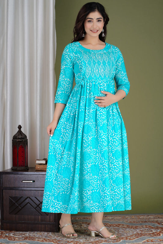 Hima Premium Cotton Anarkali Feeding & Maternity Kurti – 48 Inch Length, 2 Side Zips All-Day Comfort for Moms (Sky Blue)
