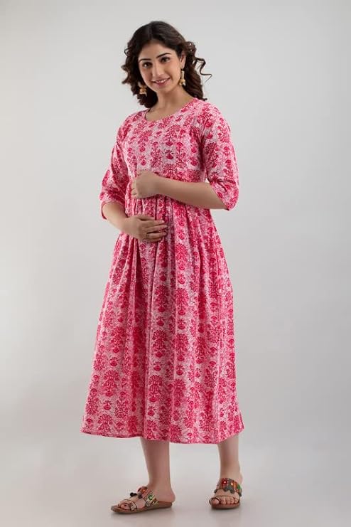Hima Premium Cotton Anarkali Feeding & Maternity Kurti – 48 Inch Length, 2 Side Zips All-Day Comfort for Moms (Pink)