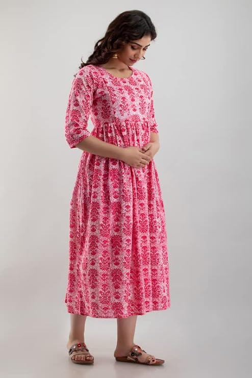 Hima Premium Cotton Anarkali Feeding & Maternity Kurti – 48 Inch Length, 2 Side Zips All-Day Comfort for Moms (Pink)