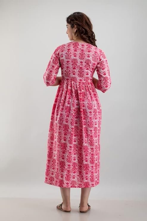Hima Premium Cotton Anarkali Feeding & Maternity Kurti – 48 Inch Length, 2 Side Zips All-Day Comfort for Moms (Pink)