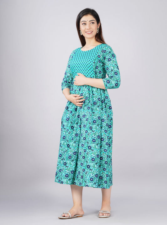 Hima Premium Cotton Anarkali Feeding & Maternity Kurti – 48 Inch Length, 2 Side Zips All-Day Comfort for Moms (Light Blue)