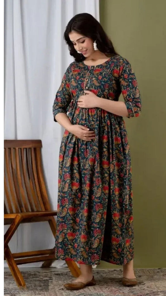 Hima Premium Cotton Anarkali Feeding & Maternity Kurti – 48 Inch Length, 2 Side Zips All-Day Comfort for Moms (Dark Blue)