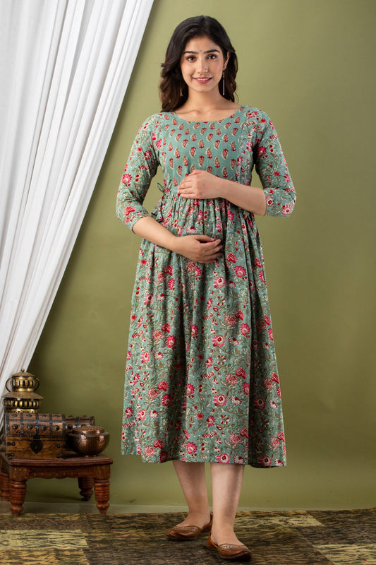 Hima Premium Cotton Anarkali Feeding & Maternity Kurti – 48 Inch Length, 2 Side Zips All-Day Comfort for Moms (Grey)