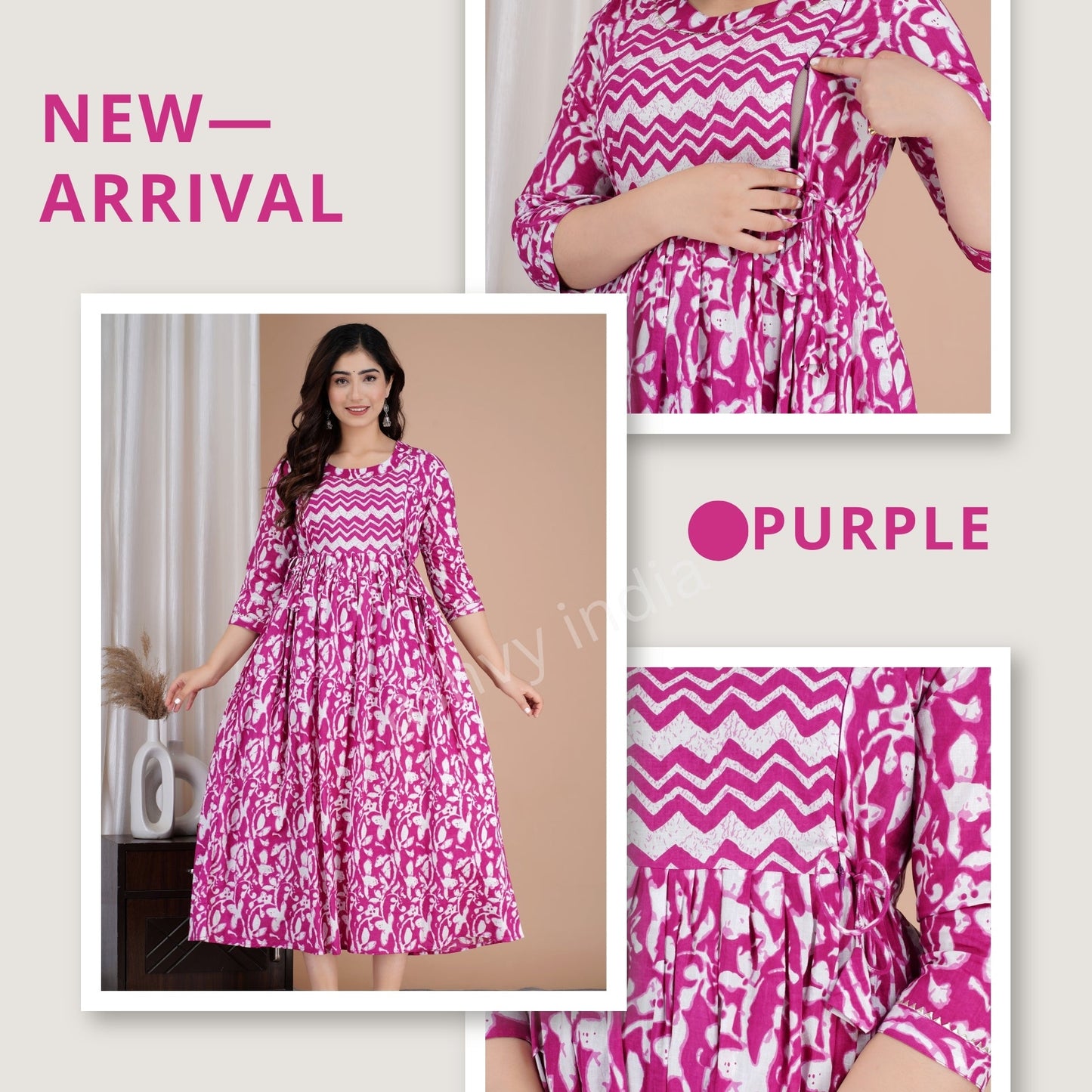 Hima Premium Cotton Anarkali Feeding & Maternity Kurti – 48 Inch Length, 2 Side Zips All-Day Comfort for Moms  (Pink)