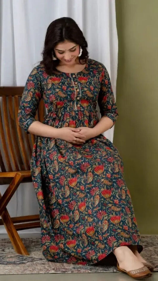Hima Premium Cotton Anarkali Feeding & Maternity Kurti – 48 Inch Length, 2 Side Zips All-Day Comfort for Moms (Dark Blue)