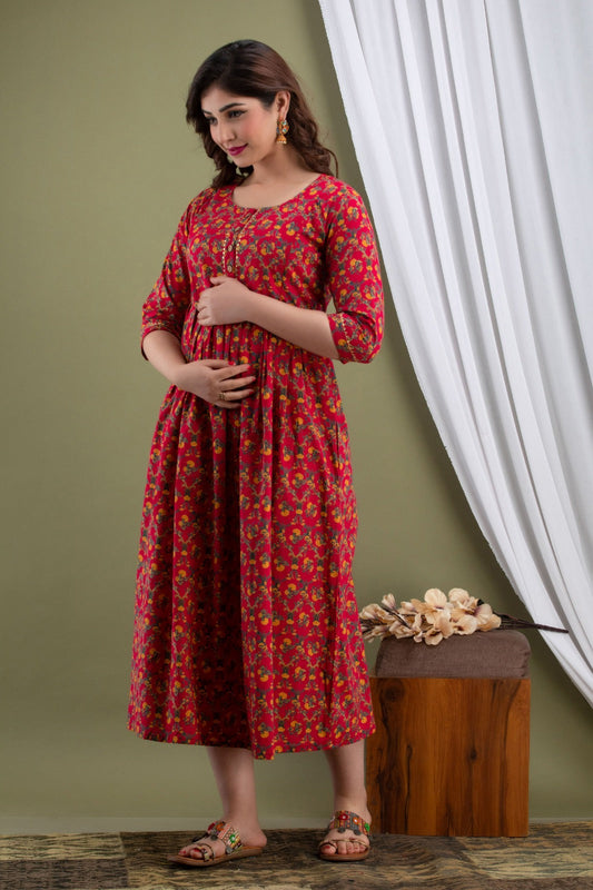 Hima Premium Cotton Anarkali Feeding & Maternity Kurti – 48 Inch Length, 2 Side Zips All-Day Comfort for Moms (Red)