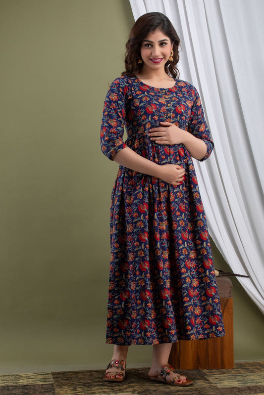 Hima Premium Cotton Anarkali Feeding & Maternity Kurti – 48 Inch Length, 2 Side Zips All-Day Comfort for Moms (Blue)