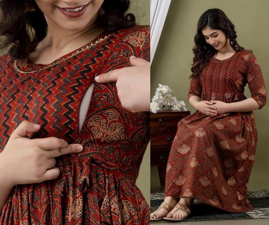 Hima Premium Cotton Anarkali Feeding & Maternity Kurti – 48 Inch Length, 2 Side Zips All-Day Comfort for Moms (Brown)