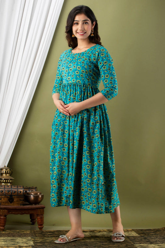 Hima Premium Cotton Anarkali Feeding & Maternity Kurti – 48 Inch Length, 2 Side Zips All-Day Comfort for Moms (Light Blue)