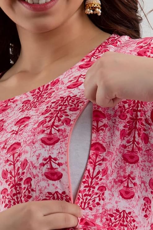 Hima Premium Cotton Anarkali Feeding & Maternity Kurti – 48 Inch Length, 2 Side Zips All-Day Comfort for Moms (Pink)