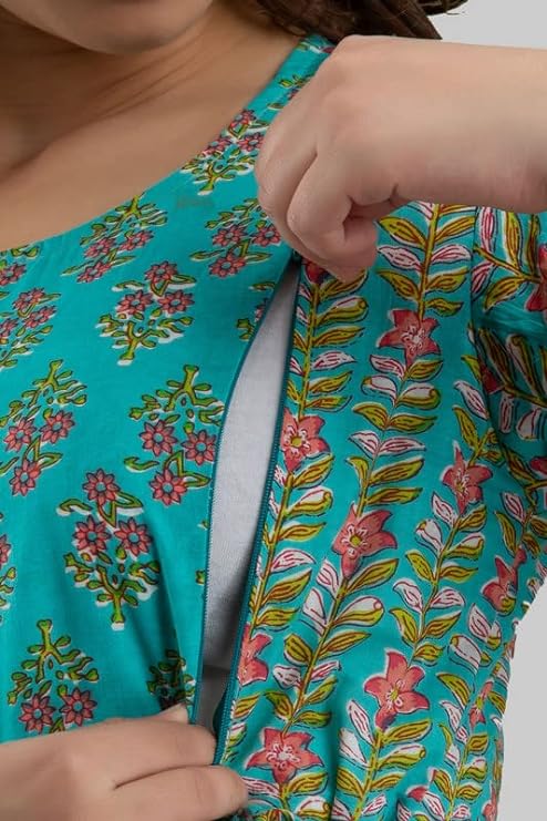 Hima Premium Cotton Anarkali Feeding & Maternity Kurti – 48 Inch Length, 2 Side Zips All-Day Comfort for Moms (Green)