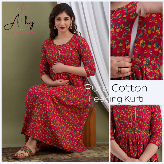 Hima Premium Cotton Anarkali Feeding & Maternity Kurti – 48 Inch Length, 2 Side Zips All-Day Comfort for Moms (Red))