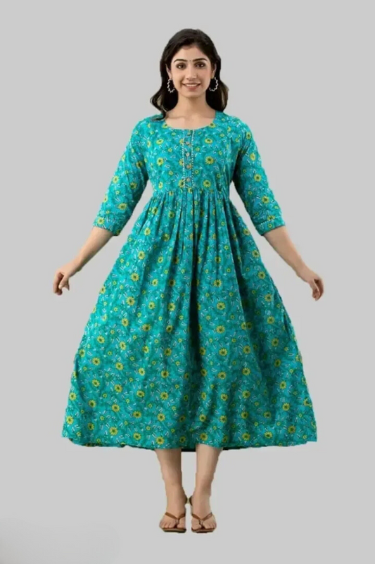 Hima Premium Cotton Anarkali Feeding & Maternity Kurti – 48 Inch Length, 2 Side Zips All-Day Comfort for Moms (Green)