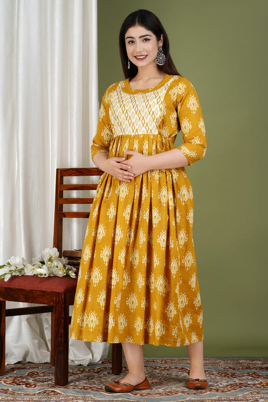 Hima Premium Cotton Anarkali Feeding & Maternity Kurti – 48 Inch Length, 2 Side Zips All-Day Comfort for Moms (Yellow)