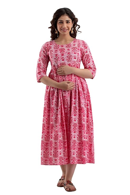 Hima Premium Cotton Anarkali Feeding & Maternity Kurti – 48 Inch Length, 2 Side Zips All-Day Comfort for Moms (Pink)