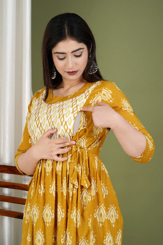 Hima Premium Cotton Anarkali Feeding & Maternity Kurti – 48 Inch Length, 2 Side Zips All-Day Comfort for Moms (Yellow)
