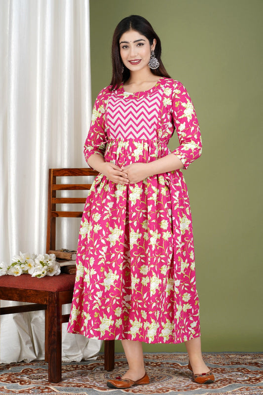Hima Premium Cotton Anarkali Feeding & Maternity Kurti – 48 Inch Length, 2 Side Zips All-Day Comfort for Moms (Pink)