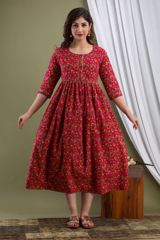 Hima Premium Cotton Anarkali Feeding & Maternity Kurti – 48 Inch Length, 2 Side Zips All-Day Comfort for Moms (Red))