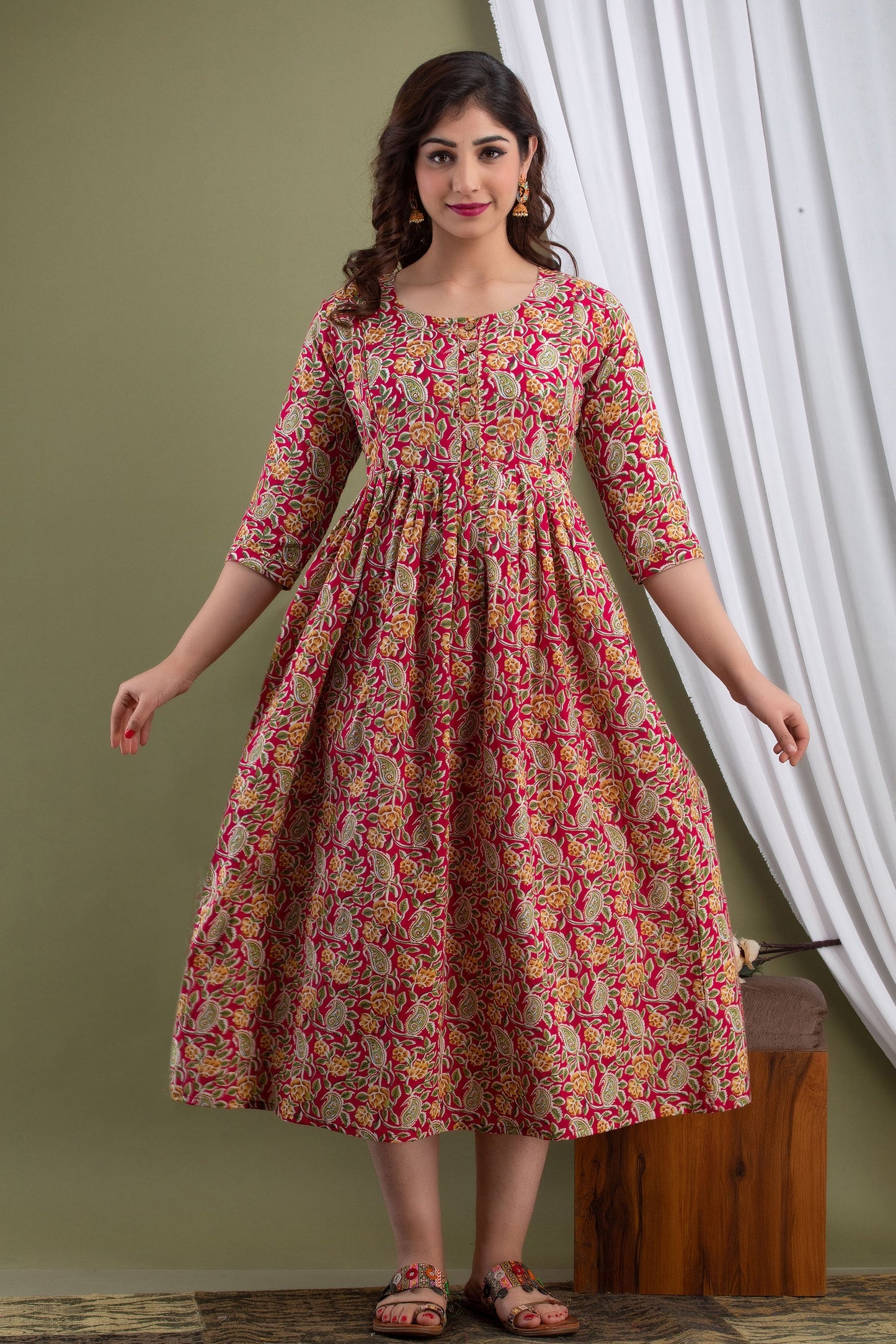Hima Premium Cotton Anarkali Feeding & Maternity Kurti – 48 Inch Length, 2 Side Zips All-Day Comfort for Moms (Red)