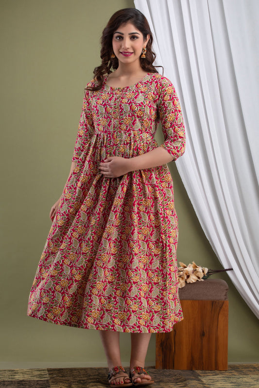 Hima Premium Cotton Anarkali Feeding & Maternity Kurti – 48 Inch Length, 2 Side Zips All-Day Comfort for Moms (Red)