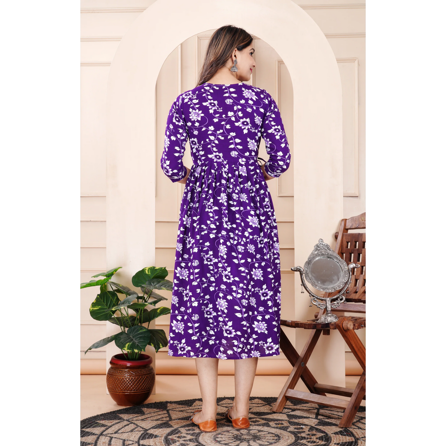 Hima Premium Cotton Anarkali Feeding & Maternity Kurti – 48 Inch Length, 2 Side Zips All-Day Comfort for Moms (Purple)