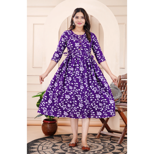 Hima Premium Cotton Anarkali Feeding & Maternity Kurti – 48 Inch Length, 2 Side Zips All-Day Comfort for Moms (Purple)