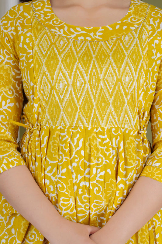 Hima Premium Cotton Anarkali Feeding & Maternity Kurti – 48 Inch Length, 2 Side Zips All-Day Comfort for Moms (Yellow)