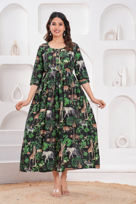 Hima Premium Cotton Anarkali Feeding & Maternity Kurti – 48 Inch Length, 2 Side Zips All-Day Comfort for Moms (green&black)