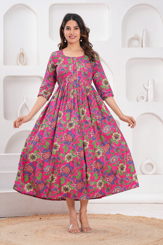 Hima Premium Cotton Anarkali Feeding & Maternity Kurti – 48 Inch Length, 2 Side Zips All-Day Comfort for Moms (Pink Flower)