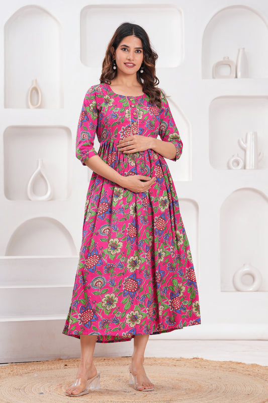 Hima Premium Cotton Anarkali Feeding & Maternity Kurti – 48 Inch Length, 2 Side Zips All-Day Comfort for Moms (Pink Flower)