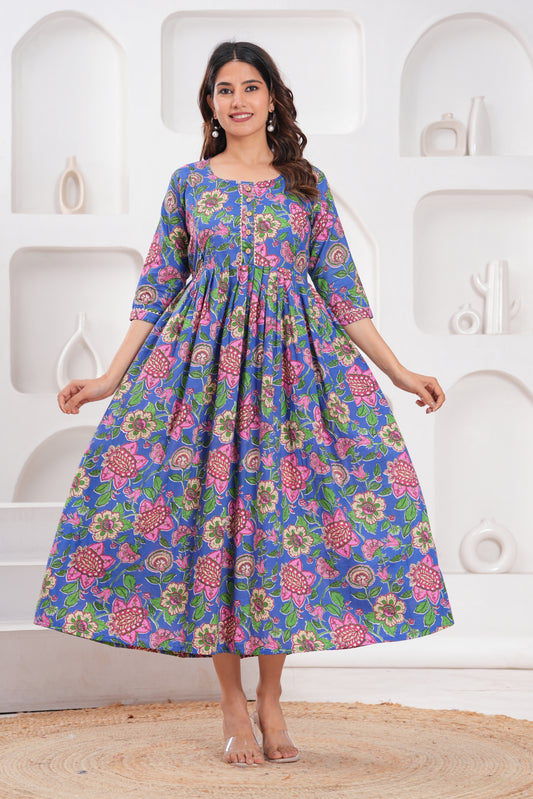 Hima Premium Cotton Anarkali Feeding & Maternity Kurti – 48 Inch Length, 2 Side Zips All-Day Comfort for Moms (Purple Flower)