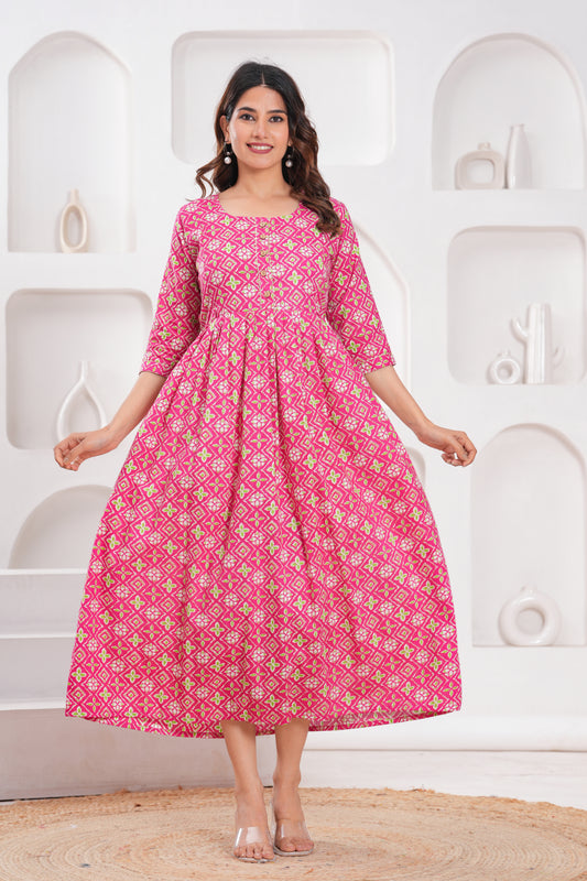 Hima Premium Cotton Anarkali Feeding & Maternity Kurti – 48 Inch Length, 2 Side Zips All-Day Comfort for Moms (Pink art)