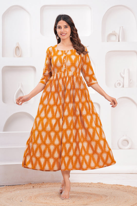 Hima Premium Cotton Anarkali Feeding & Maternity Kurti – 48 Inch Length, 2 Side Zips All-Day Comfort for Moms (Orange floral)