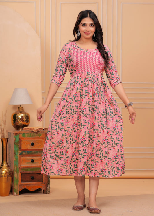 Hima Premium Cotton Anarkali Feeding & Maternity Kurti – 48 Inch Length, 2 Side Zips All-Day Comfort for Moms (Pink)