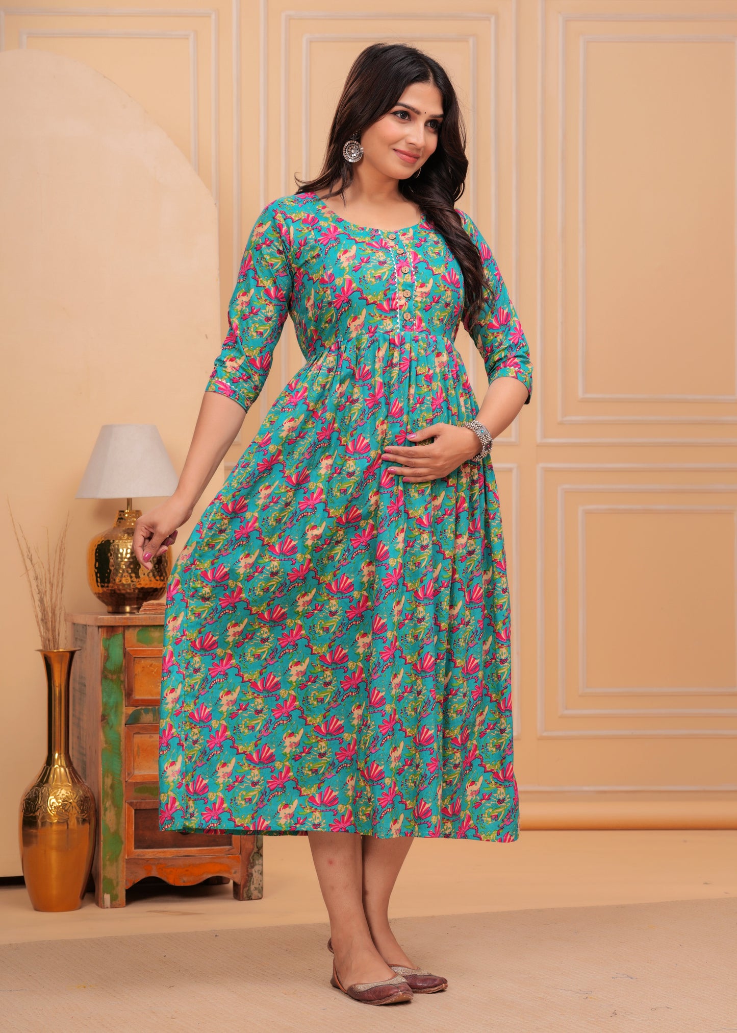 Hima Premium Cotton Anarkali Feeding & Maternity Kurti – 48 Inch Length, 2 Side Zips All-Day Comfort for Moms (Green with Pink Floral)