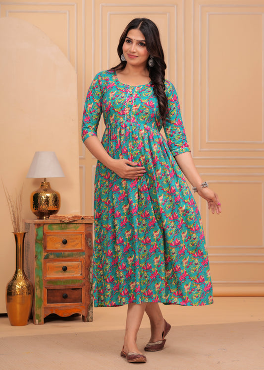 Hima Premium Cotton Anarkali Feeding & Maternity Kurti – 48 Inch Length, 2 Side Zips All-Day Comfort for Moms (Green with Pink Floral)