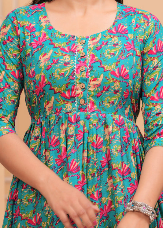 Hima Premium Cotton Anarkali Feeding & Maternity Kurti – 48 Inch Length, 2 Side Zips All-Day Comfort for Moms (Green with Pink Floral)