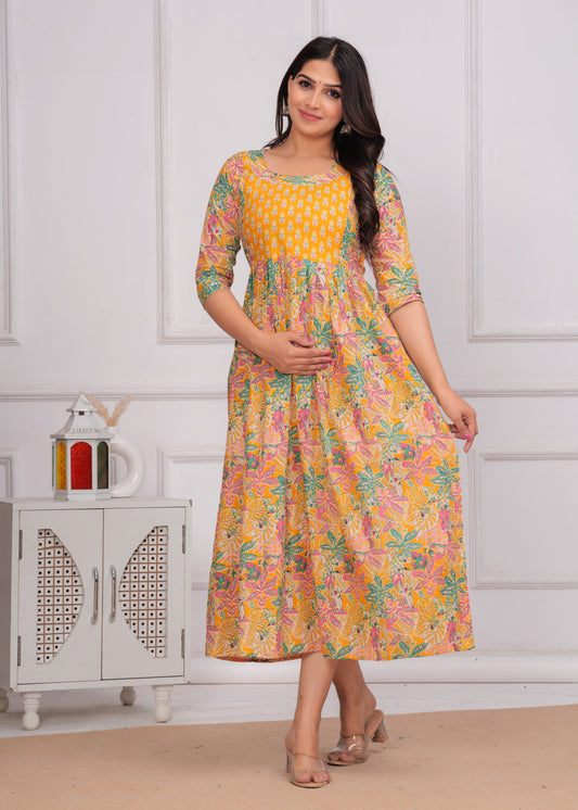 Hima Premium Cotton Anarkali Feeding & Maternity Kurti – 48 Inch Length, 2 Side Zips All-Day Comfort for Moms (Yellow)