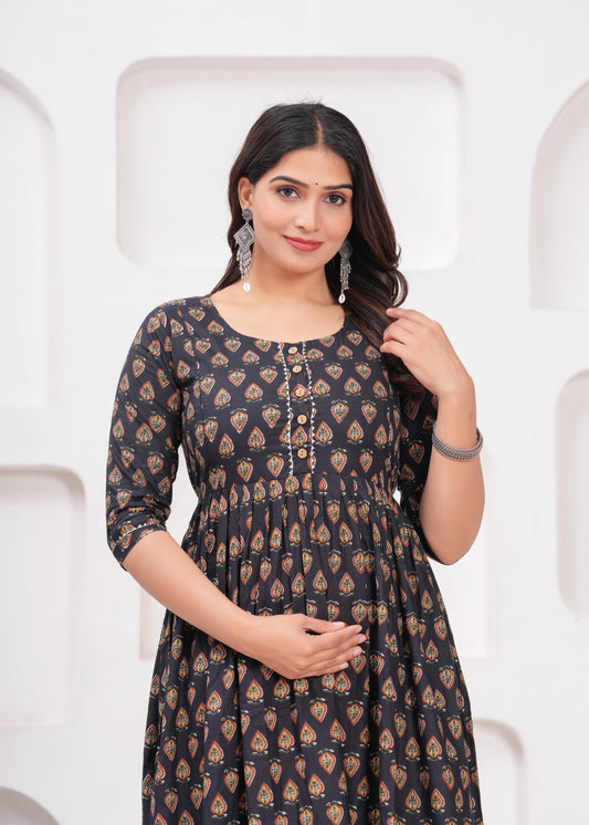 Hima Premium Cotton Anarkali Feeding & Maternity Kurti – 48 Inch Length, 2 Side Zips