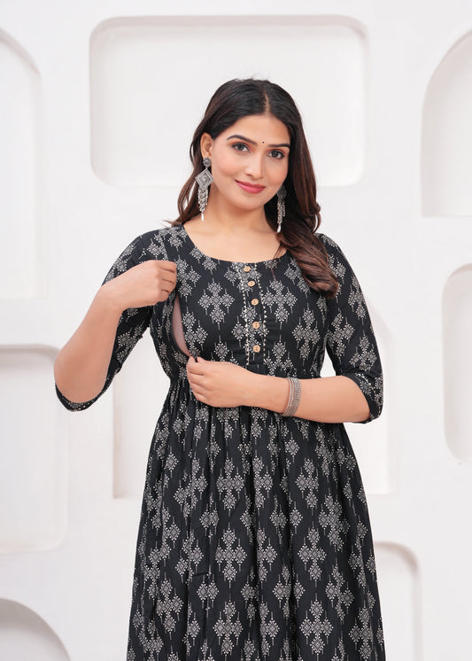 Hima Premium Cotton Anarkali Feeding & Maternity Kurti – 48 Inch Length, 2 Side Zips