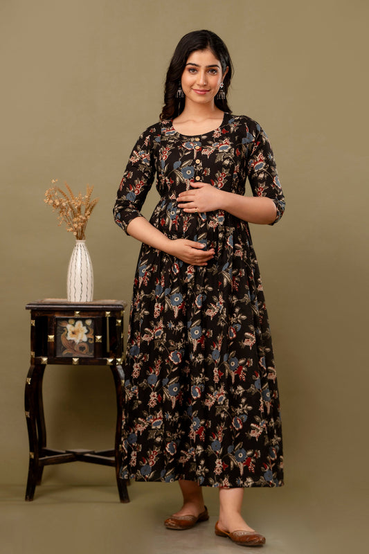 Hima Premium Cotton Anarkali Feeding & Maternity Kurti – 48 Inch Length, 2 Side Zips All-Day Comfort for Moms (Black)